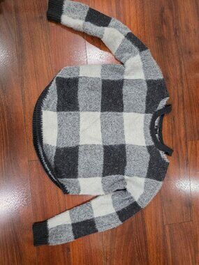 Express Women's Fuzzy Faux Fur Buffalo Check Plaid Cold Shoulder Sweater